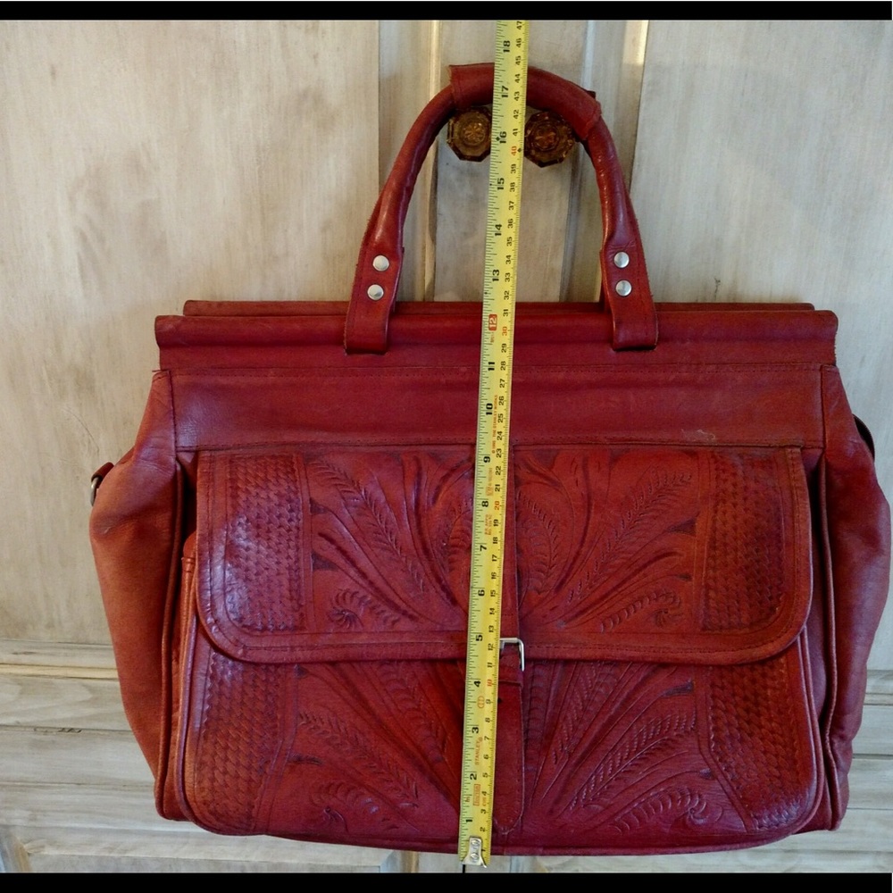 Red Leather Overnight Tooled Leather Bag - Picture 7 of 8